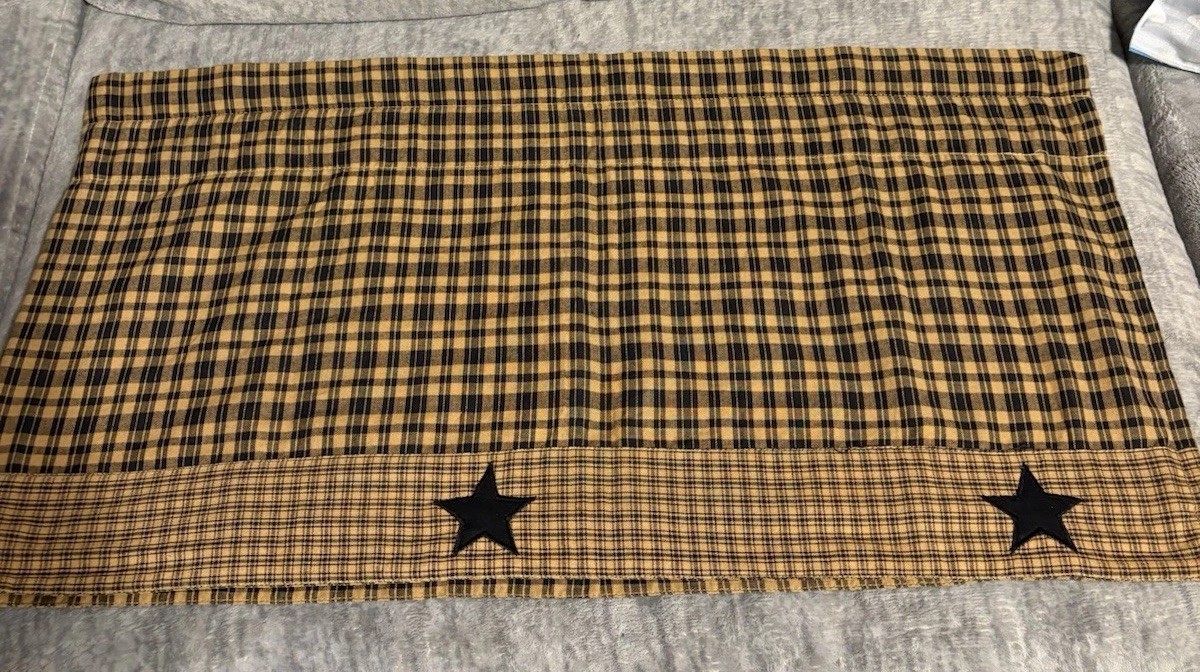 Primitive Star Lined Cotton Window Valance Country Design W/Black Appliqué Star