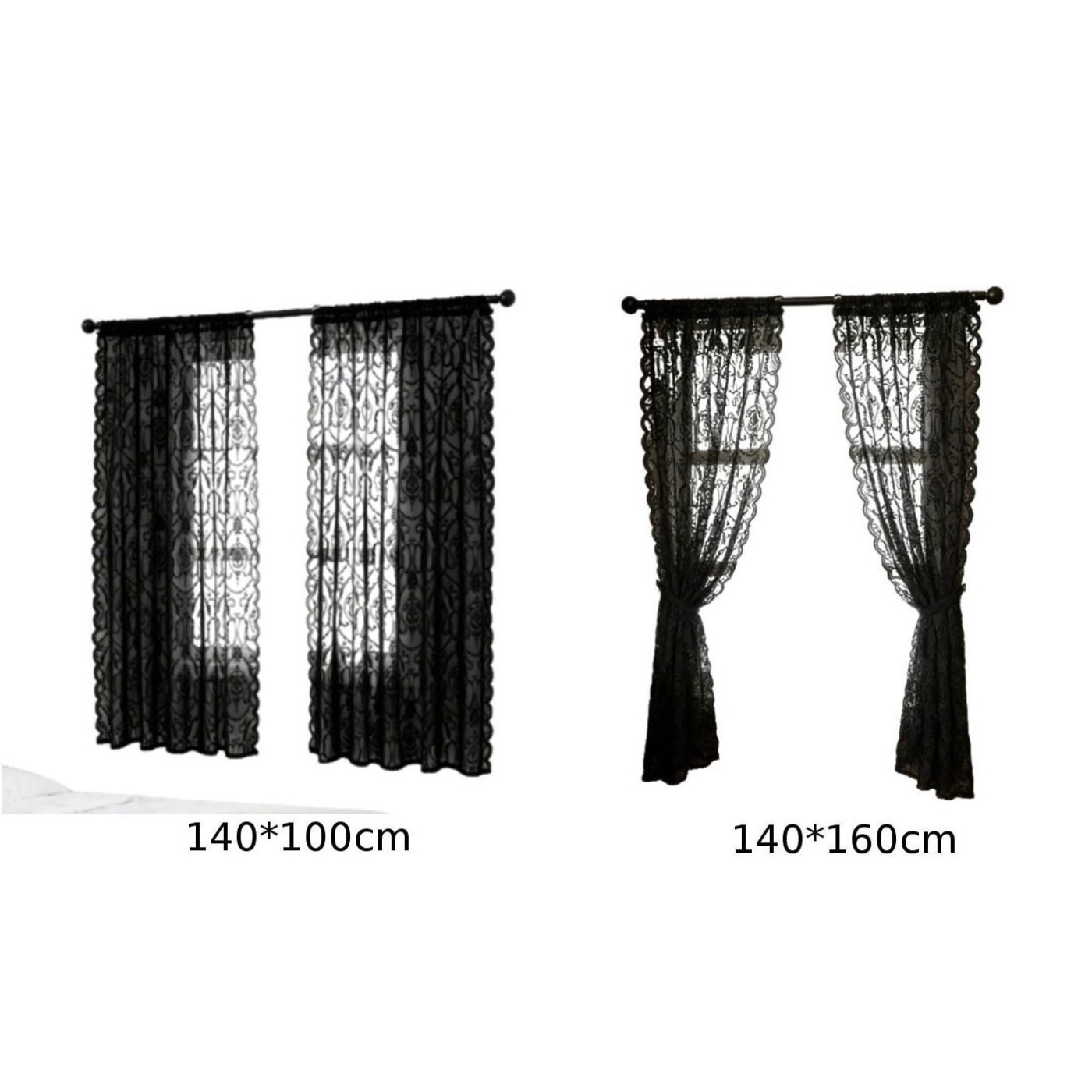 Black Sheer Lace Window Curtains Polyester Fabric European Vintage Style