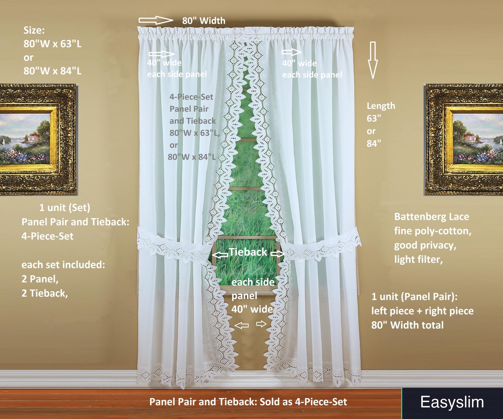 Curtain Panel Pair 80×84 Inch White Battenberg Eyelet 4 Piece Set