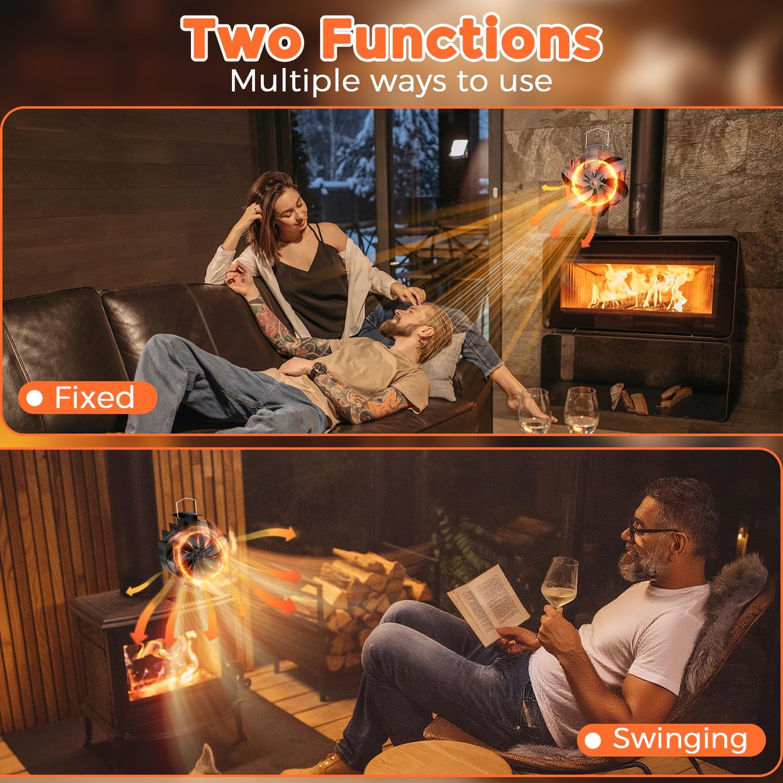Oscillating Wood Stove Fan – 60° Left-Right Rotation, 6-Blade Heat Powered Fi…