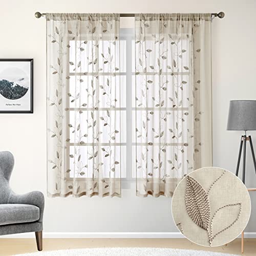HOMEIDEAS Taupe Sheer Curtains 52 X 63 Inches Length 2 Panels Beige Embroidered