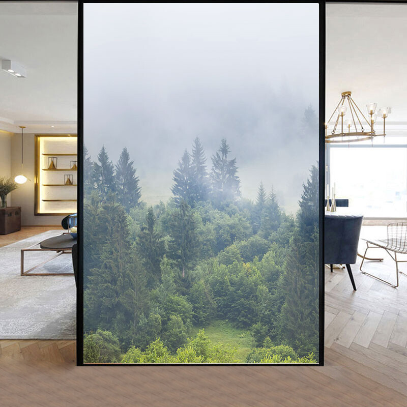 Home Window Film Static Cling Stained Forest Scenery 3D Frosted Decor US
