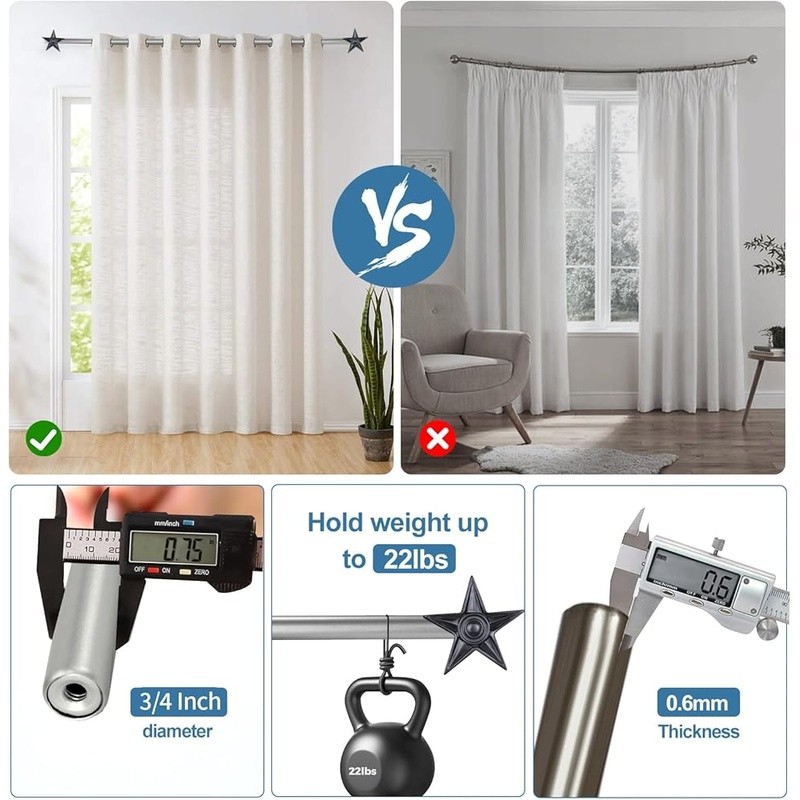 Adjustable Star Finial Curtain Rod Set Wall Mounted Alloy Steel 28″-120″ Length