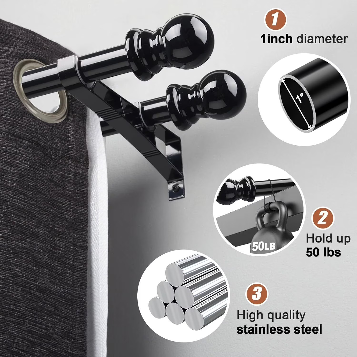 Matte Black Double Curtain Rods, 28 to 14 Inch, Heavy Duty 1-Inch Front and 5…