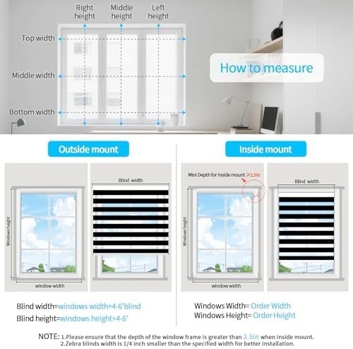 Cordless Zebra Blinds 22″ W x 72″ H Black Free-Stop Dual Layer Light Filtering