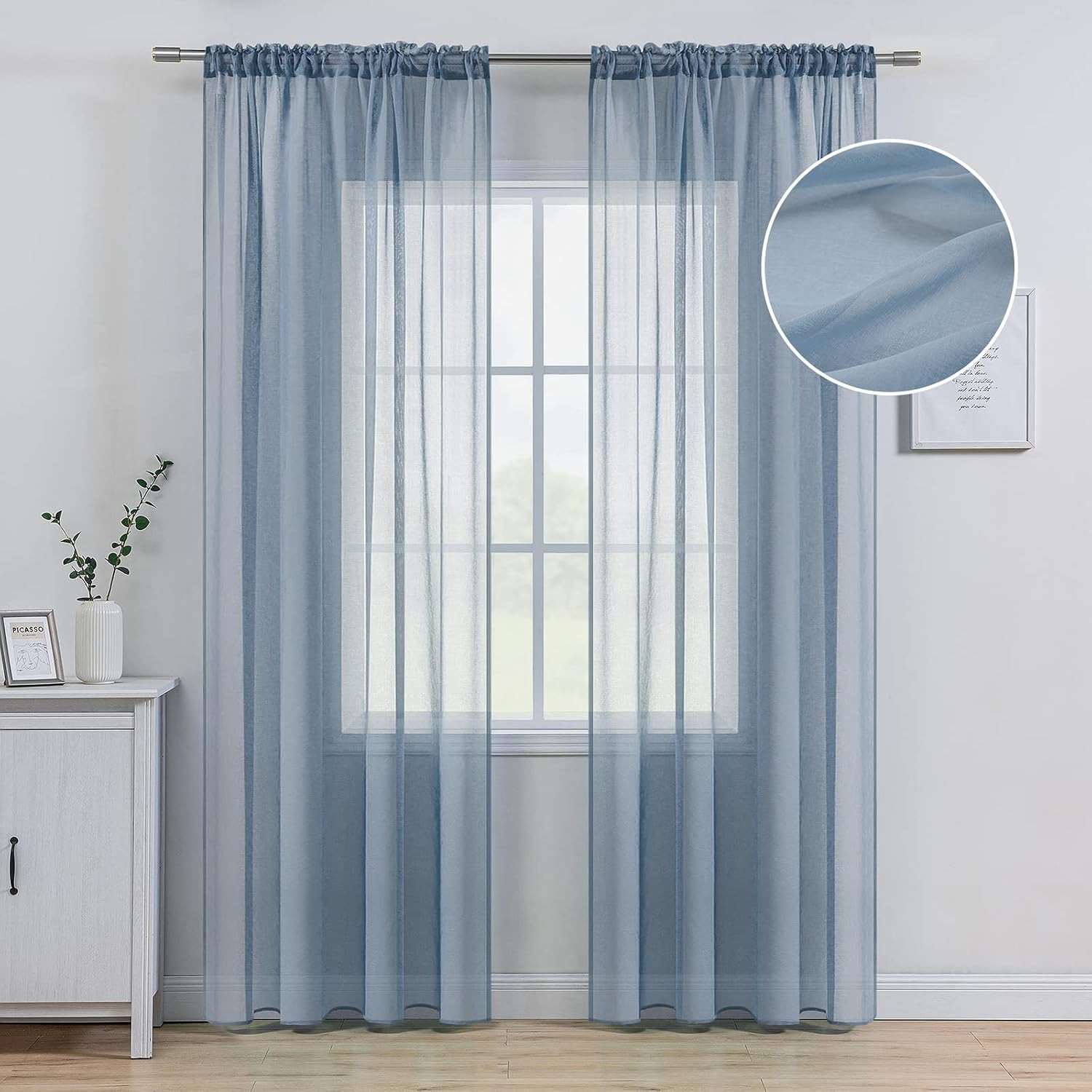 Dusty Blue Linen Textured Semi-Sheer Curtains 42W×84L 2 Panels | for Bedroom Liv