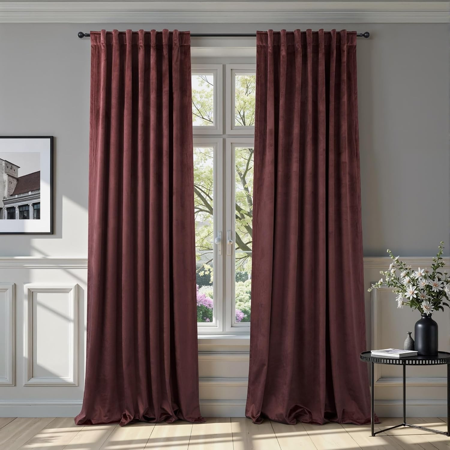 Ruby Wine Velvet Curtains 84 Inch Length for Living Room 2 Panels Back Tab