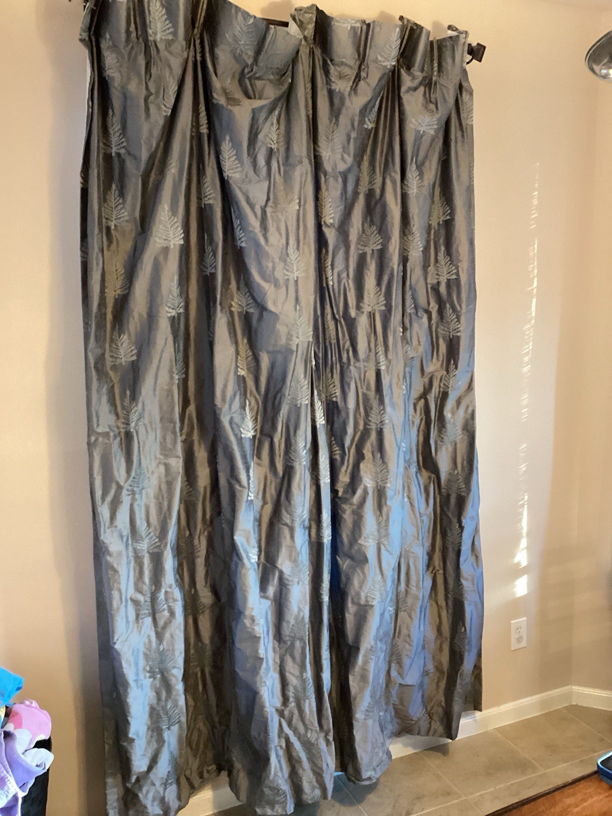 Silver/Gray (Aspen Tree embroider) Silk Lined Rod Pocket Curtain Panels 48”x95”