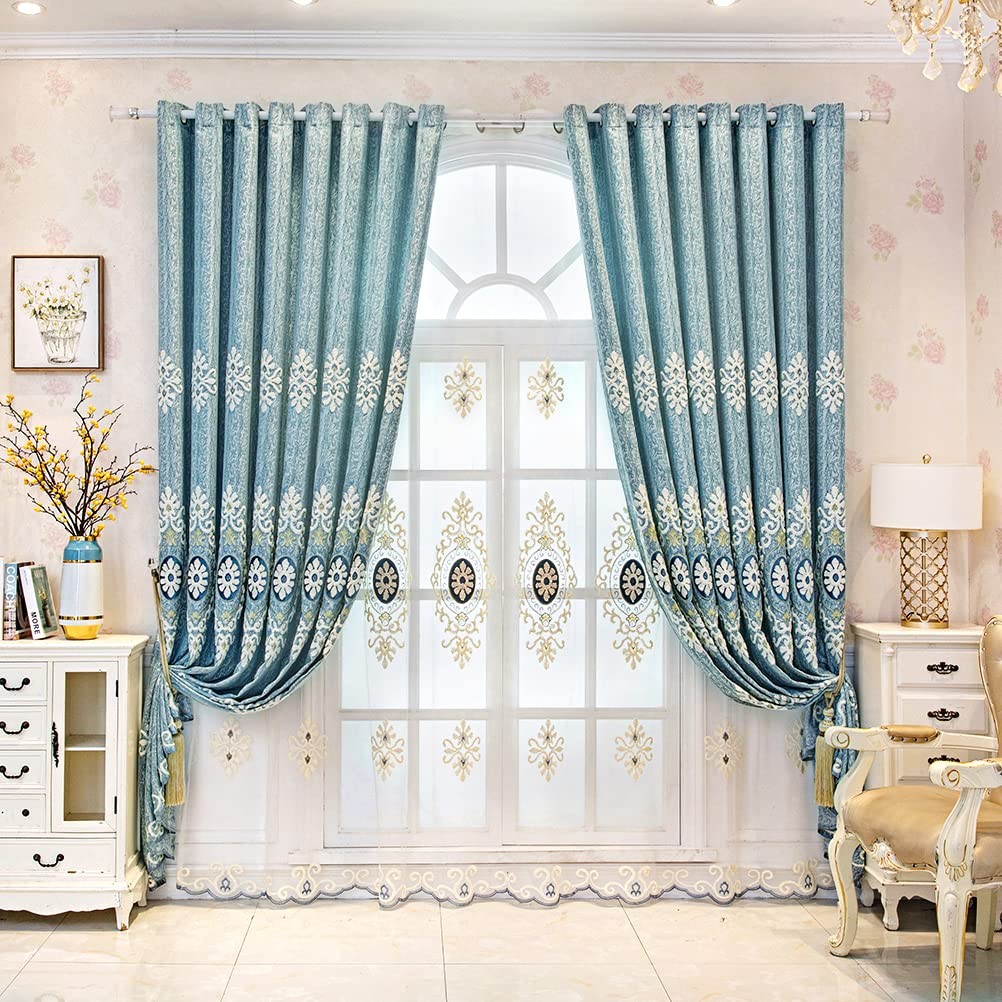Jacquard Embroidered Curtains for Bedroom Luxury Blue Curtains for Living Roo…