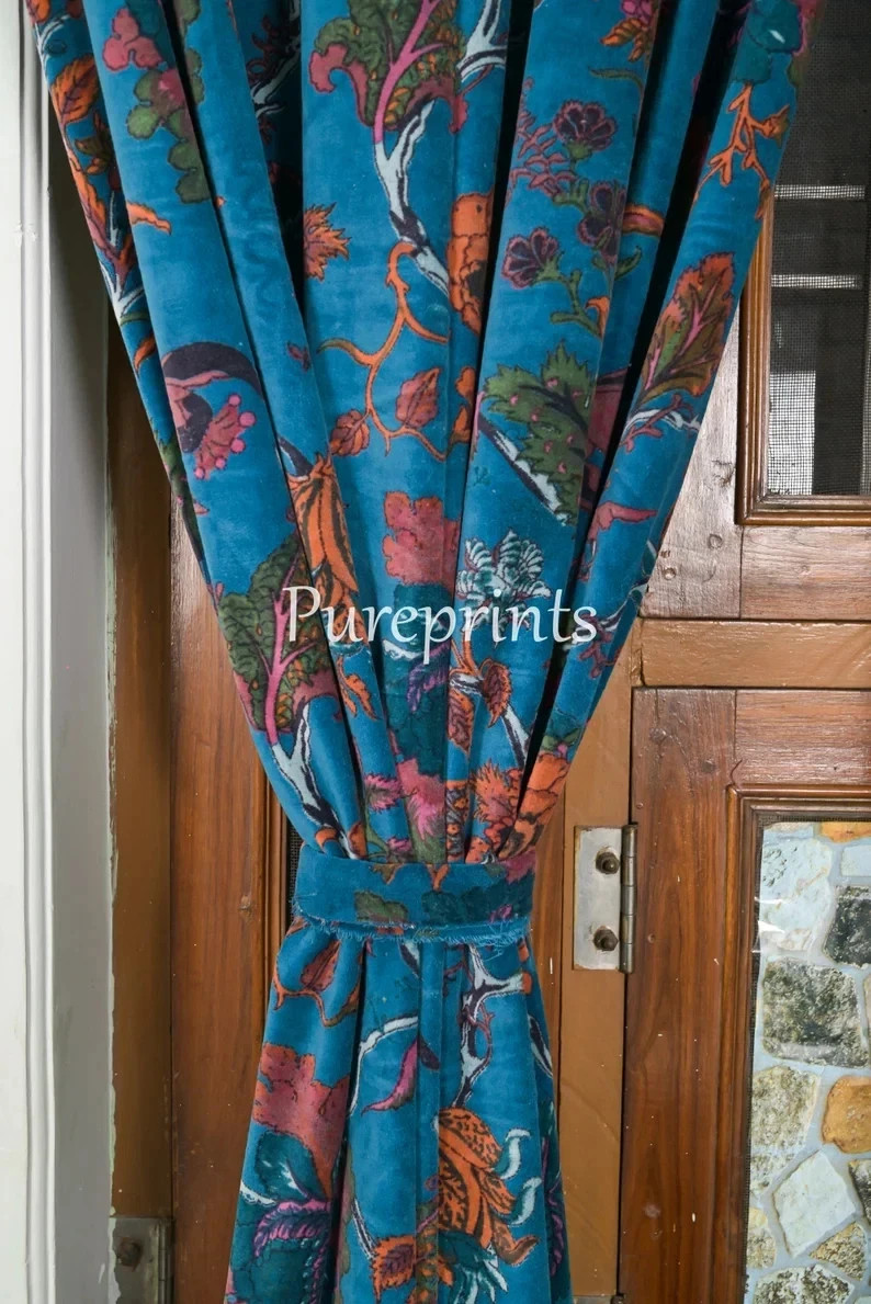 Boho Cotton Velvet Curtains Teal Blue Luxury Drapes Customizable