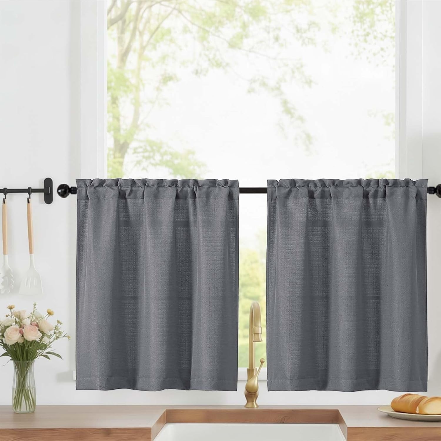 Sage Green Short Kitchen Curtains 36 Inch Length Tier Curtain 2 Panels – Faux Li