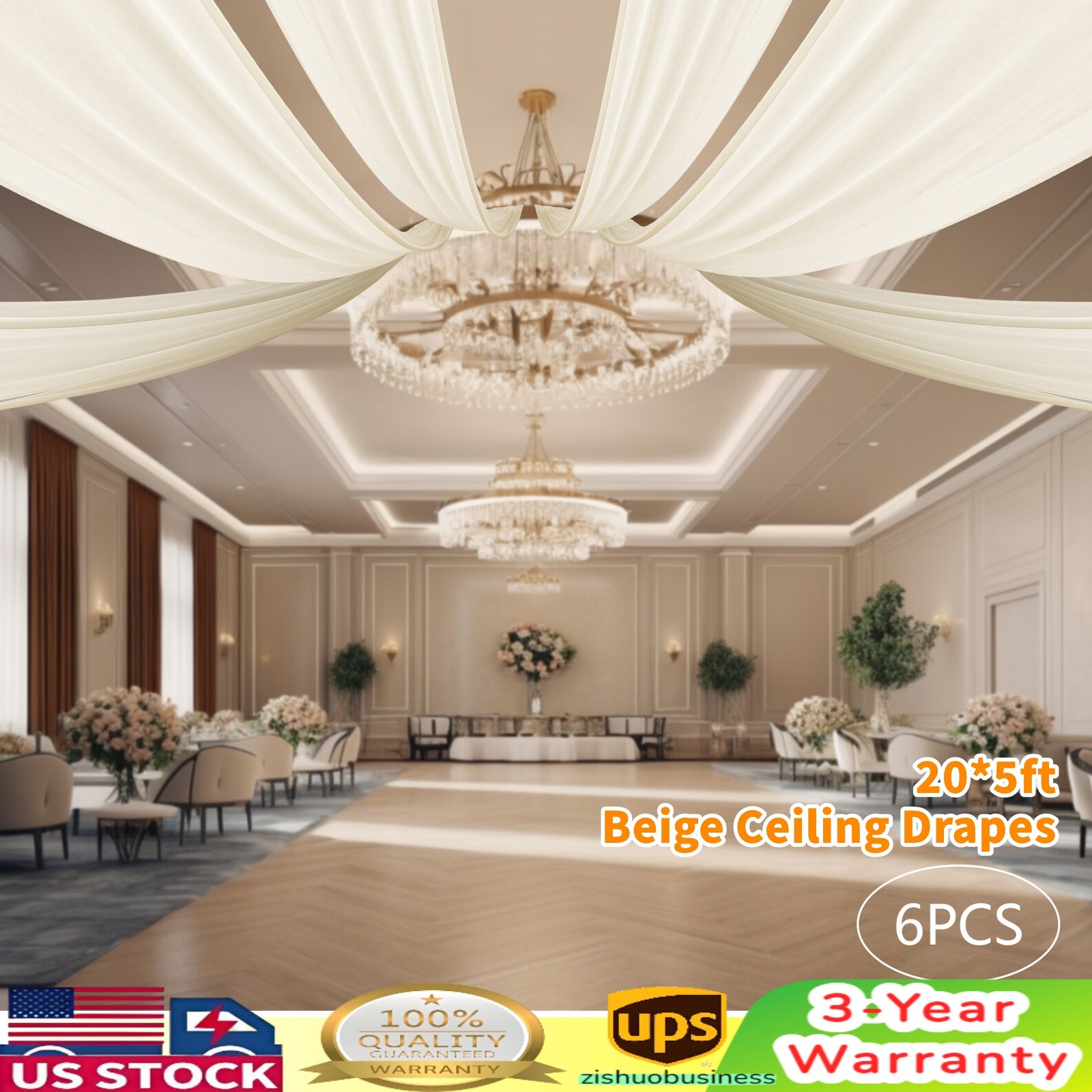 Beige 6pcs 5 x 20ft Professional Sheer Ceiling Curtain Drapes Party Decorations