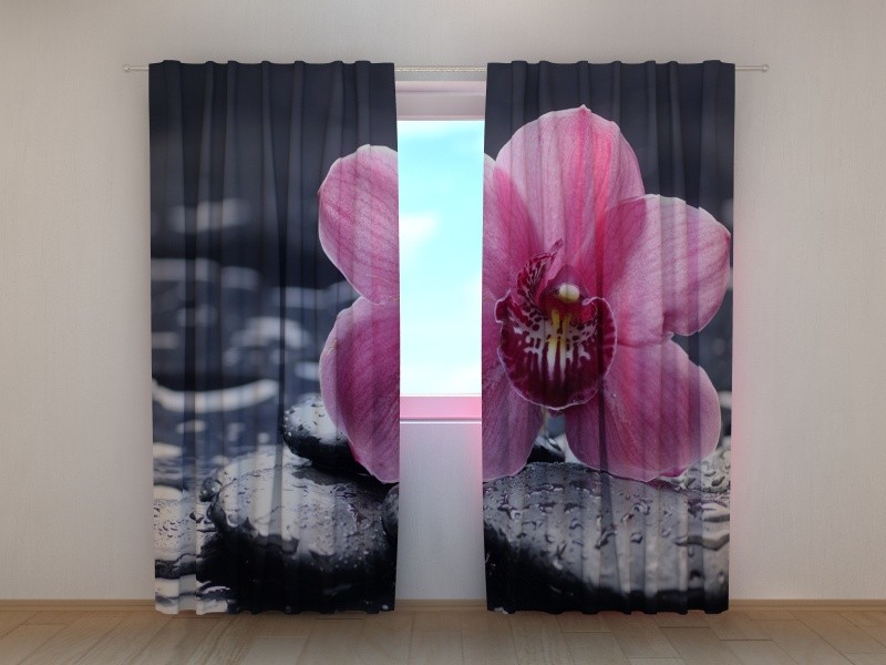 Curtain with Floral Print Orchid Tenderness Wellmira 3D Bedroom Grey Pink Black