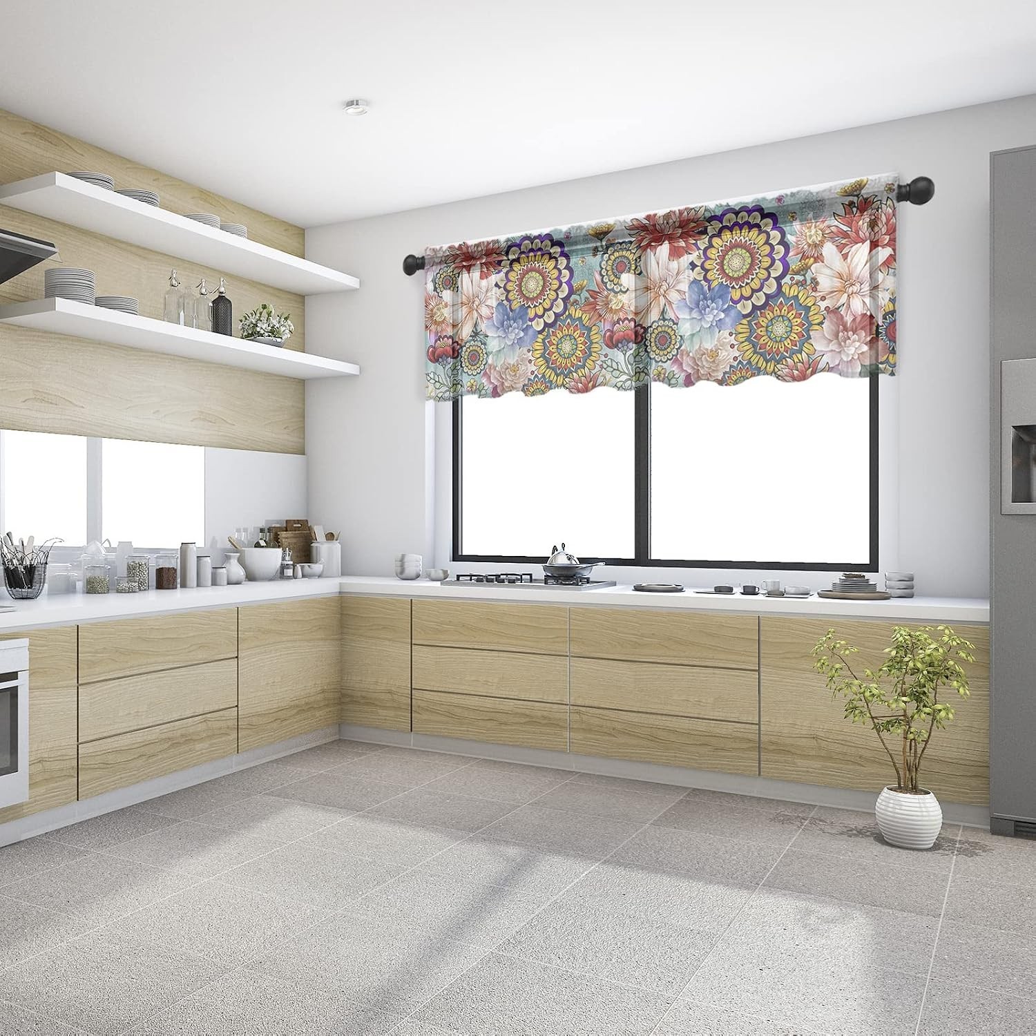 Boho Flowers Valance Curtains for Kitchen/Living Room/Bathroom/Bedroom Window, C