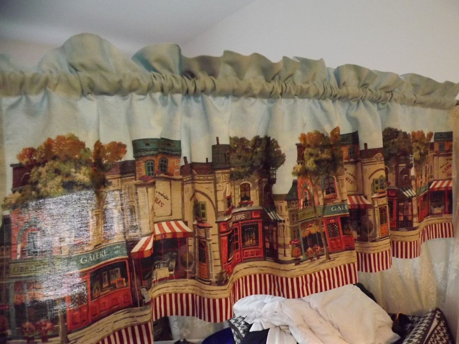 VALANCE 56Wx17″ cotton FRENCH VILLAGE SHOPS sky blue RED STRIPED HEM