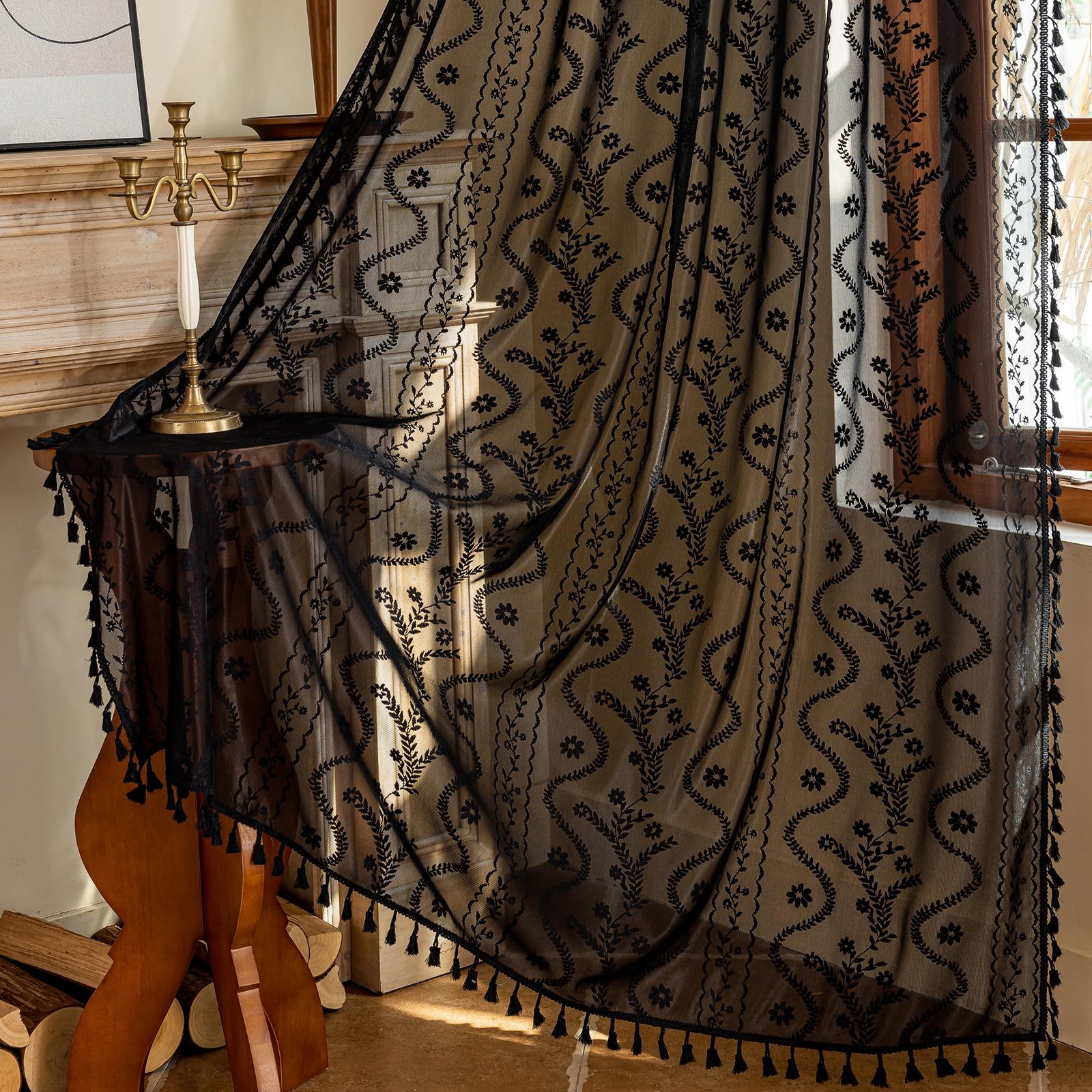 Boho Lace Curtains 63 Inch -Vintage Victorian Sheer Panel Drape Floral Patter…