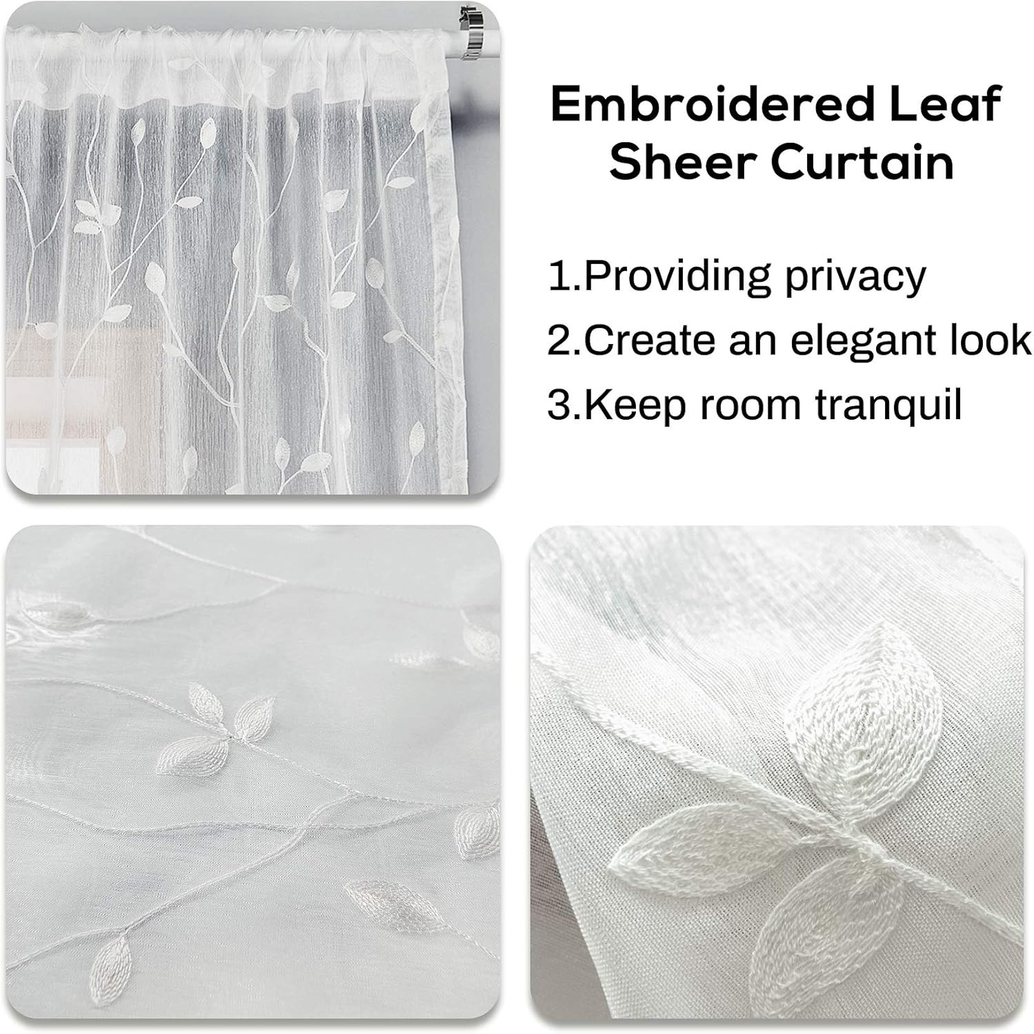 2 Panels Embroidered Leaf Pattern Semi Sheer Curtains Foliage Floral Voile Windo