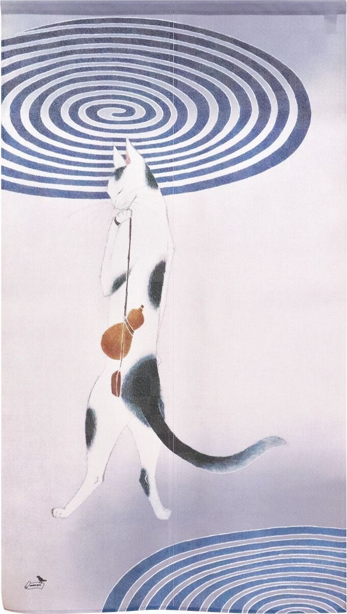 Japan-Made Door Noren Curtain 85x150cm Traditional Yuzen Spiral & Cat Design