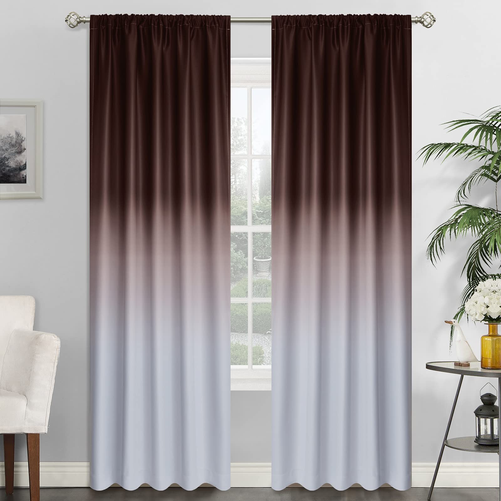 Brown Ombre Rod Pocket Curtains for Bedroom,52Wx84L