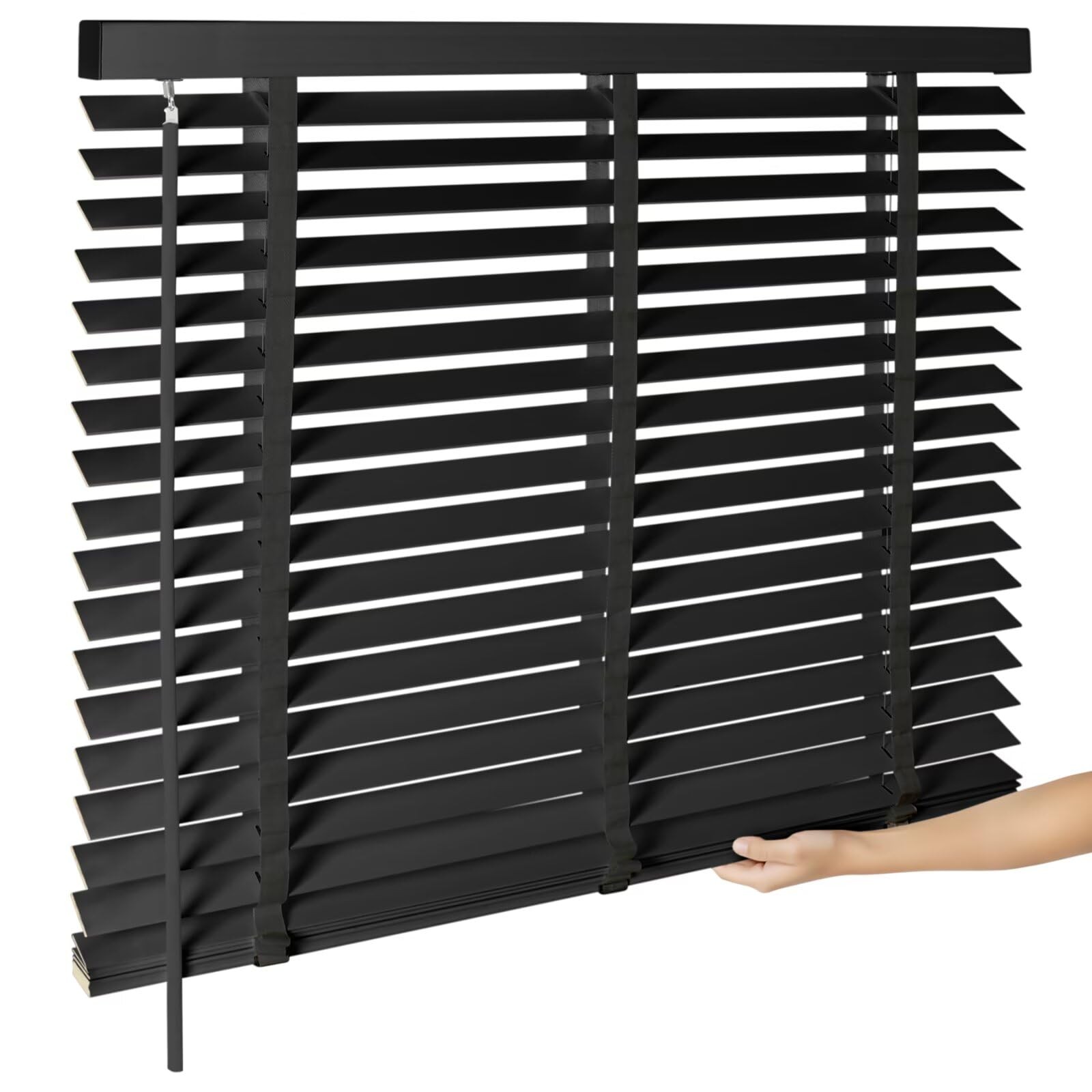 2″ Cordless Real Wood Blinds for Indoor Windows, Black, 23″ W x 48″ H