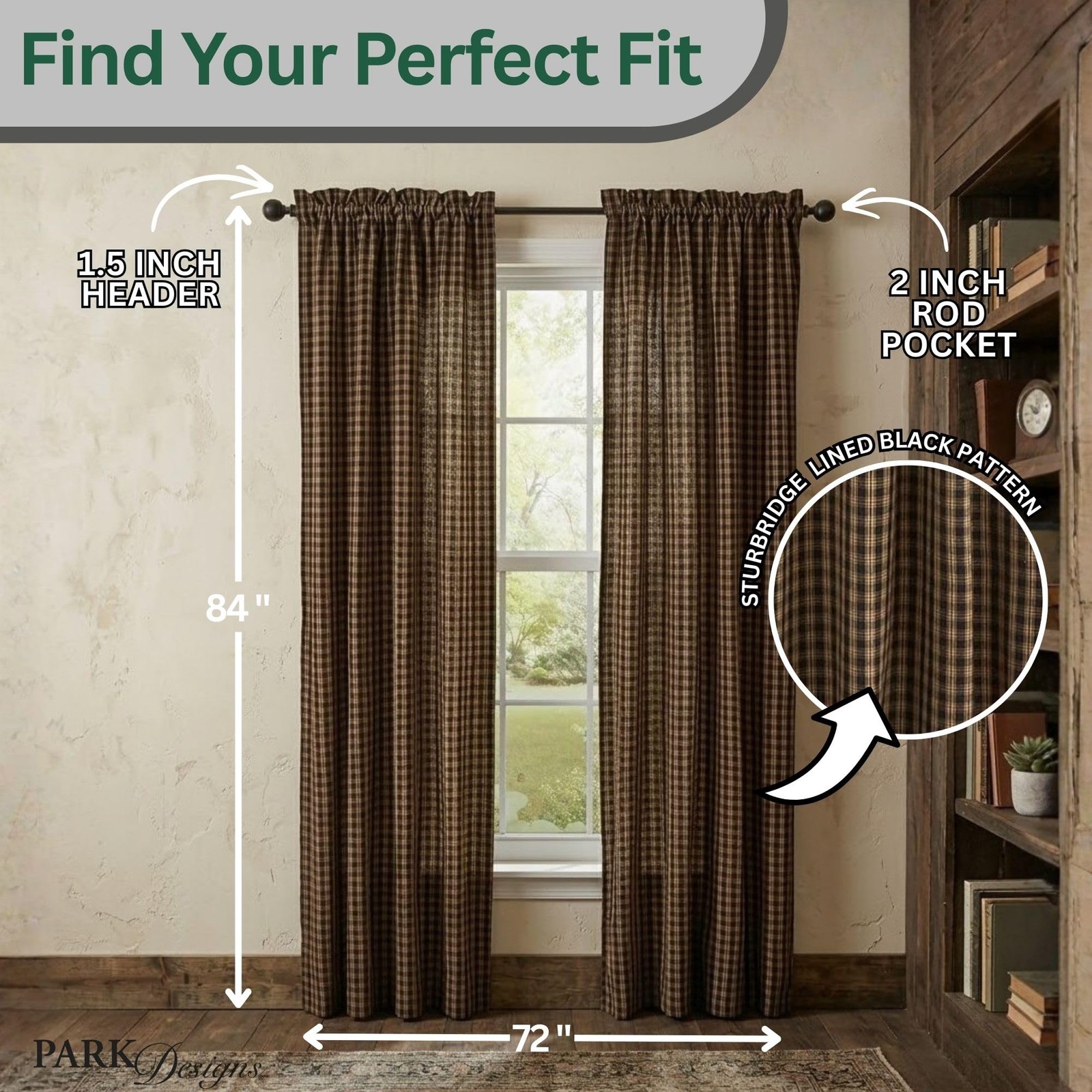 Sturbridge Lined Curtain Panel Pair 84″, Black