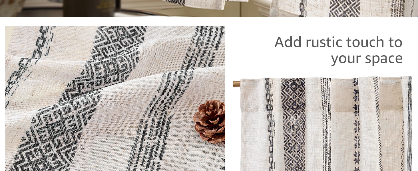 Boho Kitchen Curtains 36 Inch Linen Tier Curtains with Geometric Pattern
