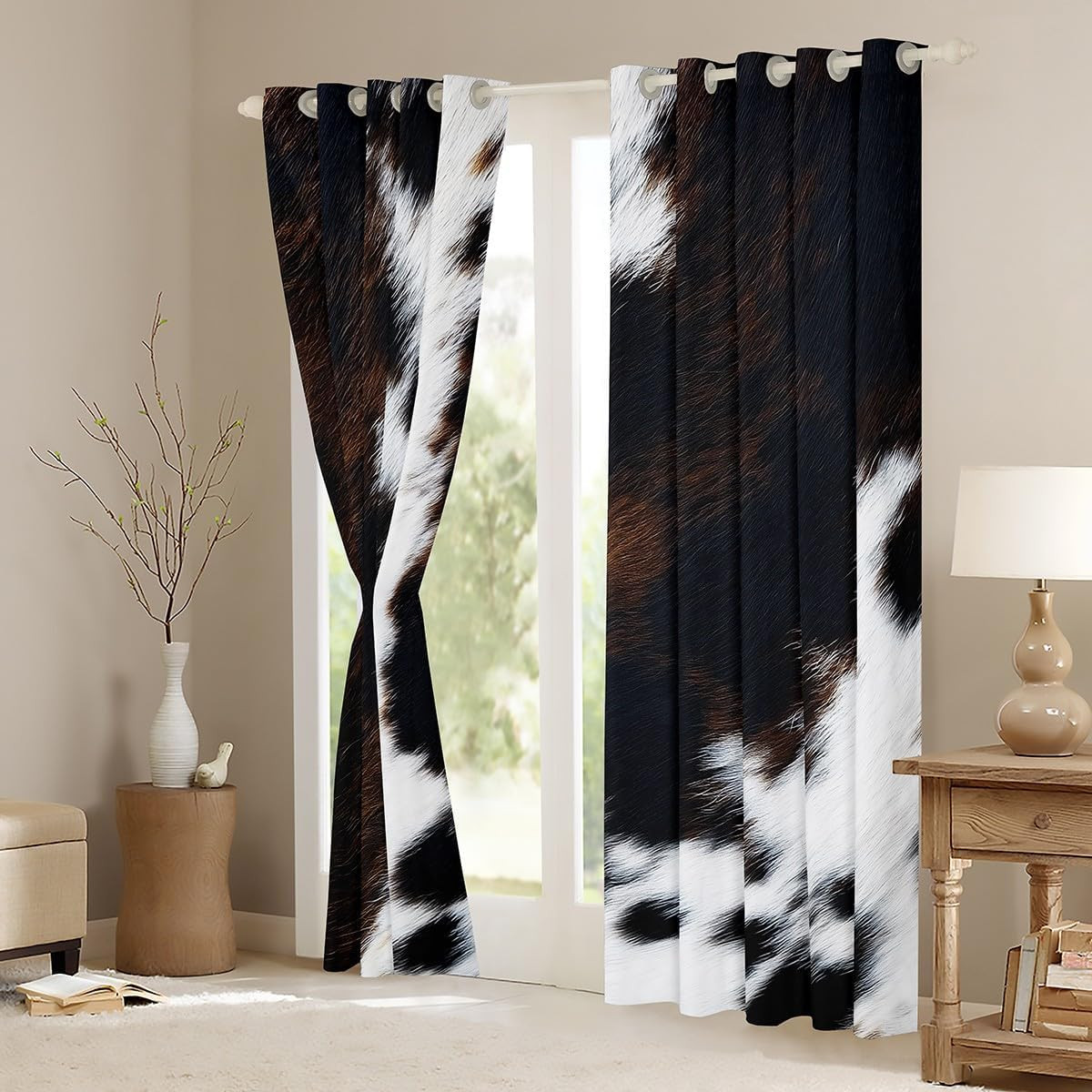 Brown Cowhide Window Curtains Western Black White Cow Print Curtains for Bedroom
