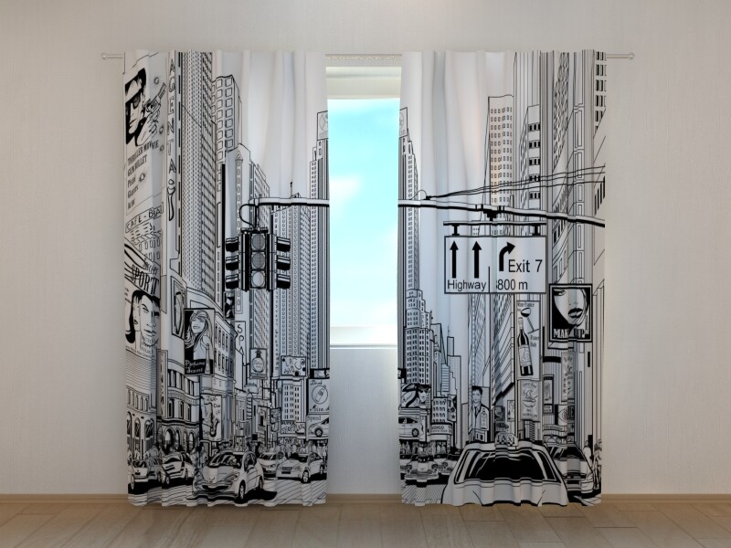 3D Photo Curtain Cartoon Street of New York Black and white Made to Measure