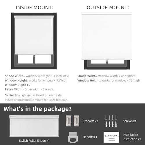 Cordless Free-Stop 100% Blackout Blinds for Windows, Roller 23″W x 72″H White