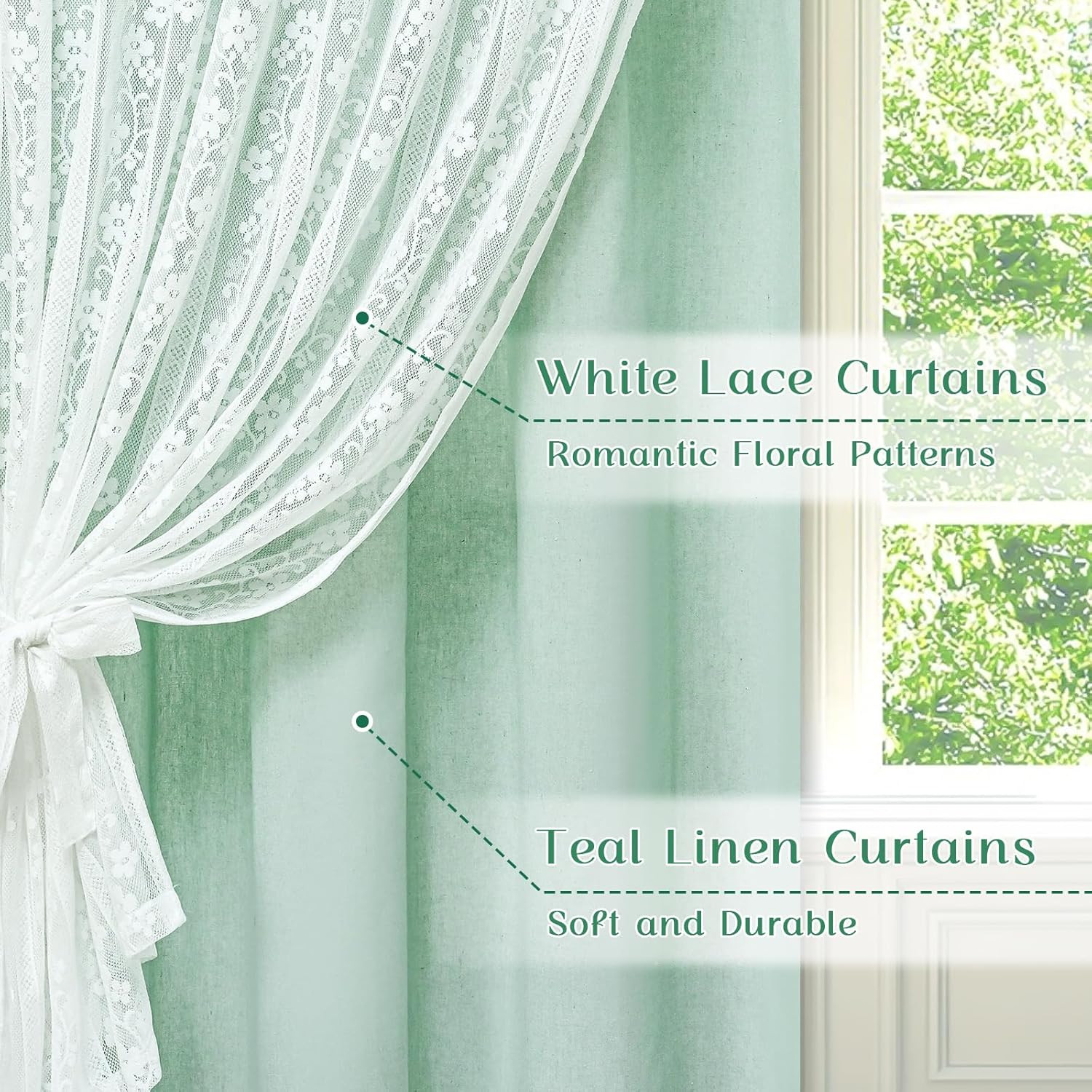Linen Curtains for Bedroom Double Layer Curtain 63 Inch Length 2 Panels, Farmhou
