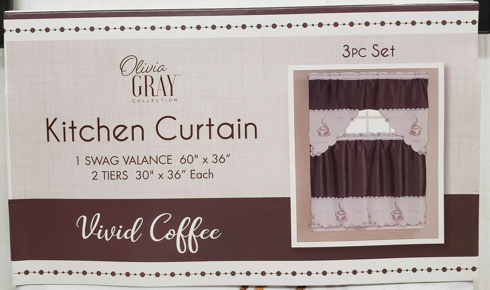 3pc. Embroidered Curtains Set: 2 Tiers & Swag (60″x36″) VIVIVD COFFEE CUP, OG,RT
