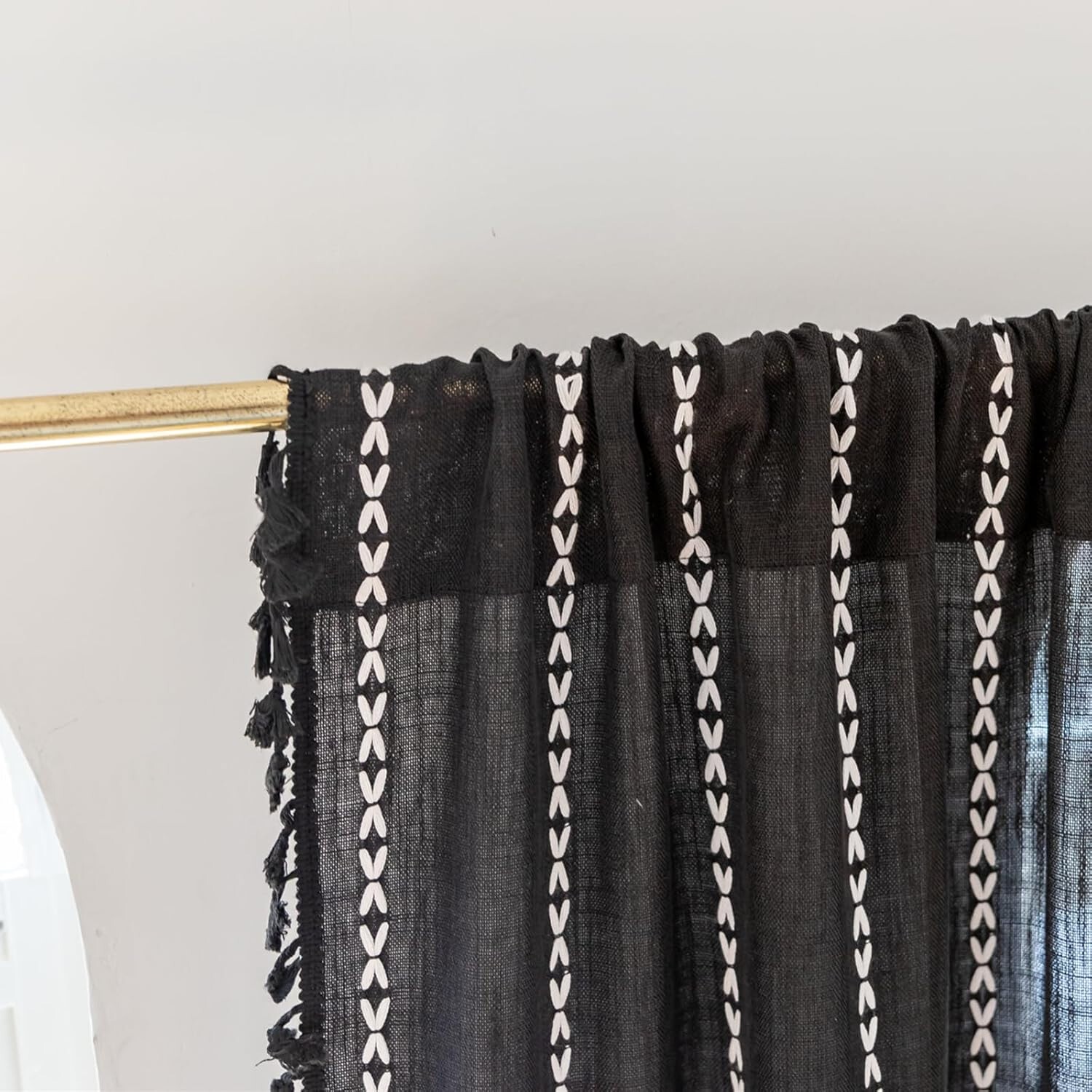 Rustic Striped Embroidered Curtain Window Drapes Panel Farmhouse Boho Home Decor