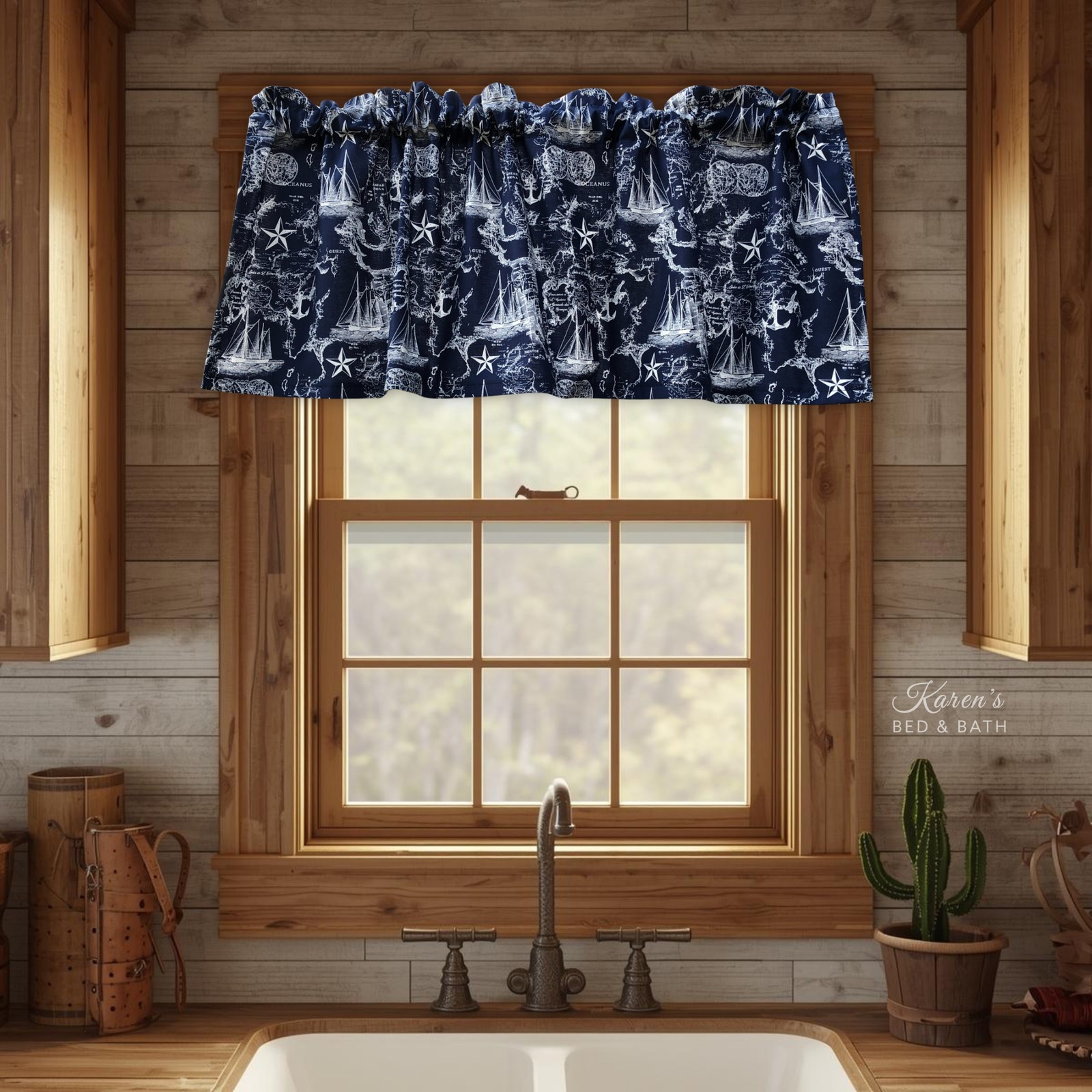 Nautical Map Valance – Navy Anchor Kitchen Curtain – Vintage Coastal Beach House