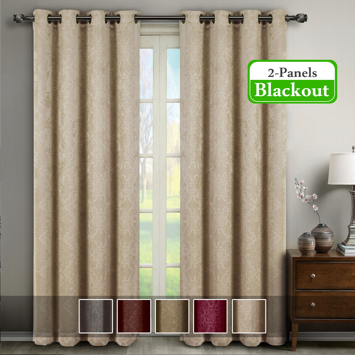 2 Panels 52 x 108″ Bella Blackout Weave Embossed Grommet Drapes & Curtains