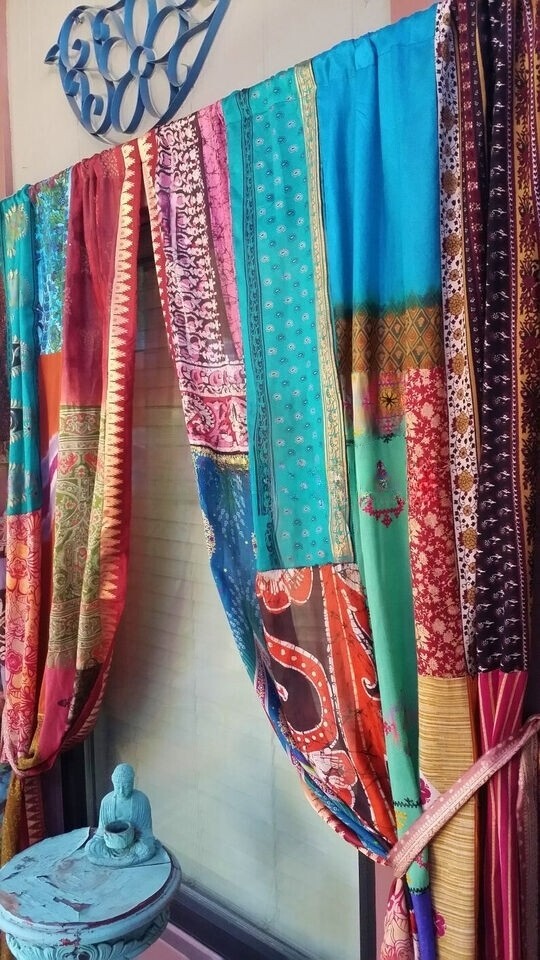 2 Pc Indian Old Silk Sari Saree Boho Multi Curtain Door Drape Decor Silk Drapes