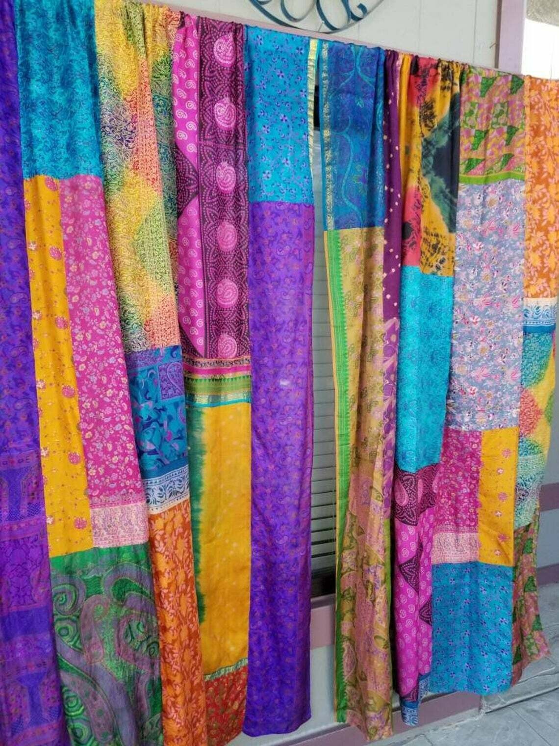 2 Pcs Indian Sari Patchwork Curtain Drape Window Decor Multi Silk Sari Curtain