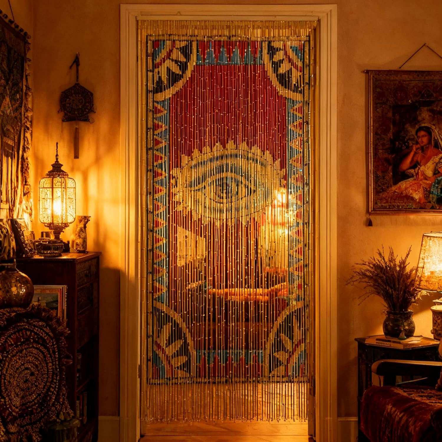 Beaded Curtain for Doorway, Bamboo Bead Door Curtain, Boho Evil Eye Decor, Hangi
