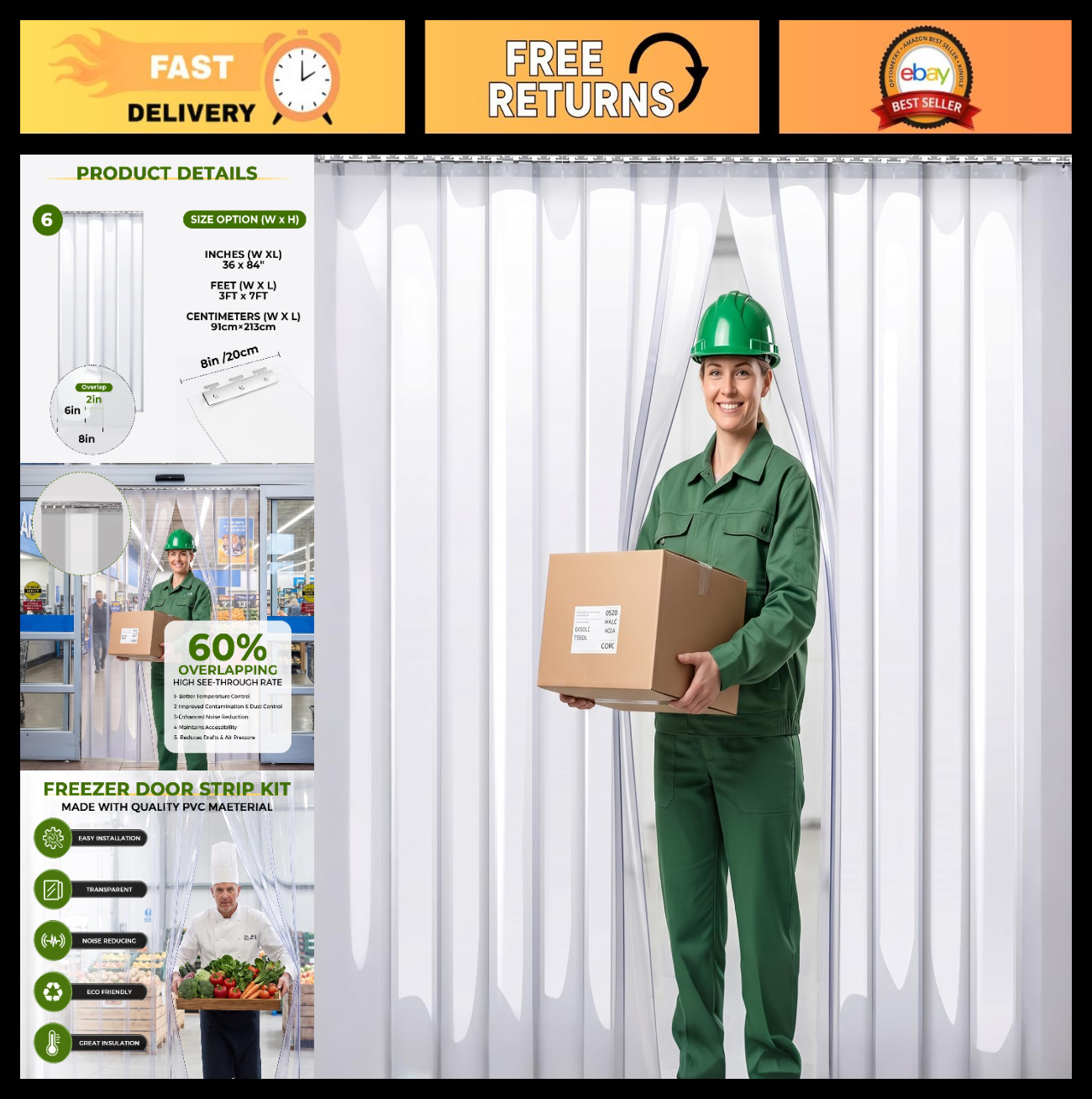 Heavy-Duty Clear PVC Strip Door Curtain 36×84″ Waterproof for Cooler, Freezer, G