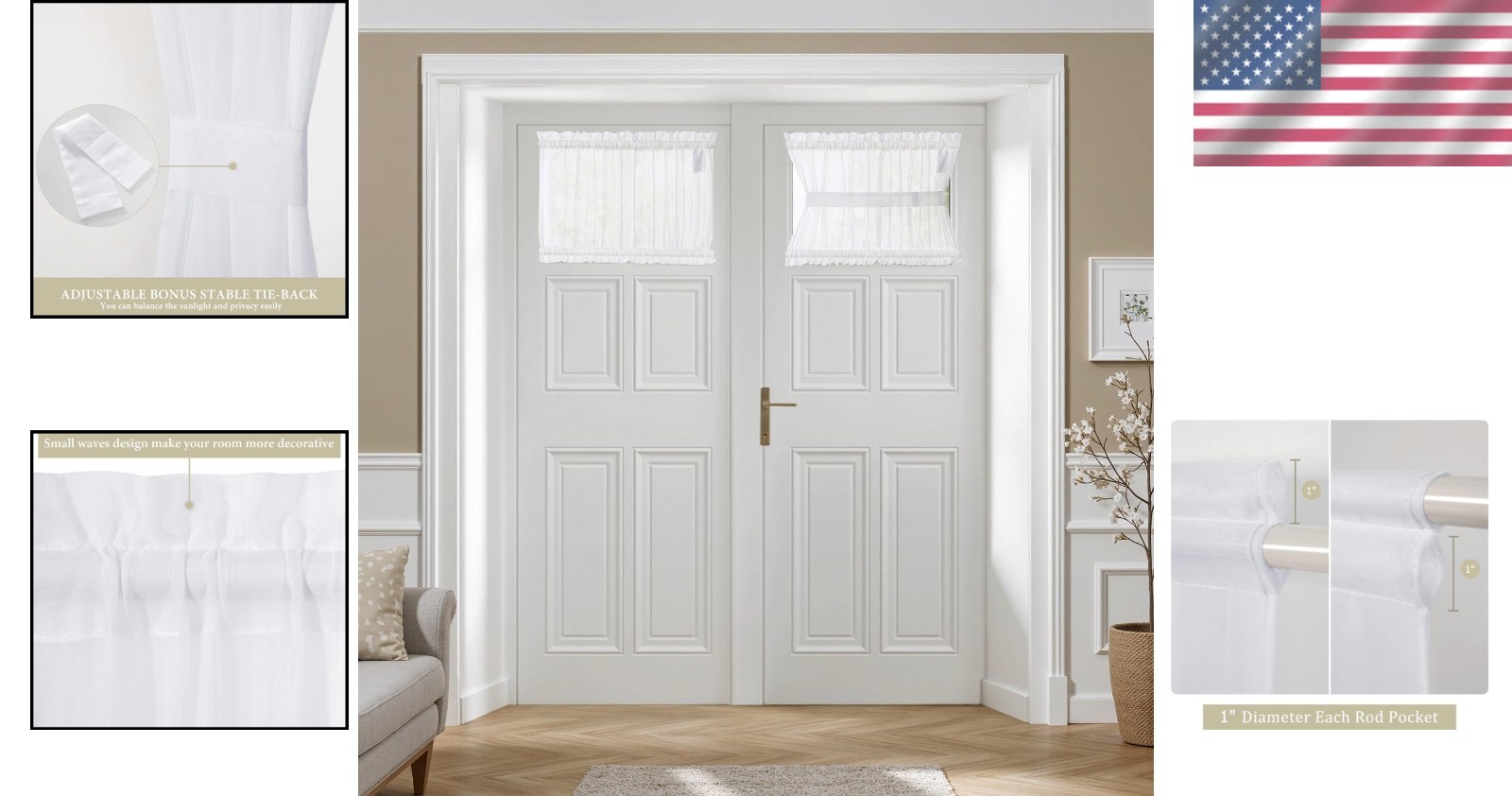 Set of 2 White French Door Sheer Curtains – Elegant Light Filtering Design