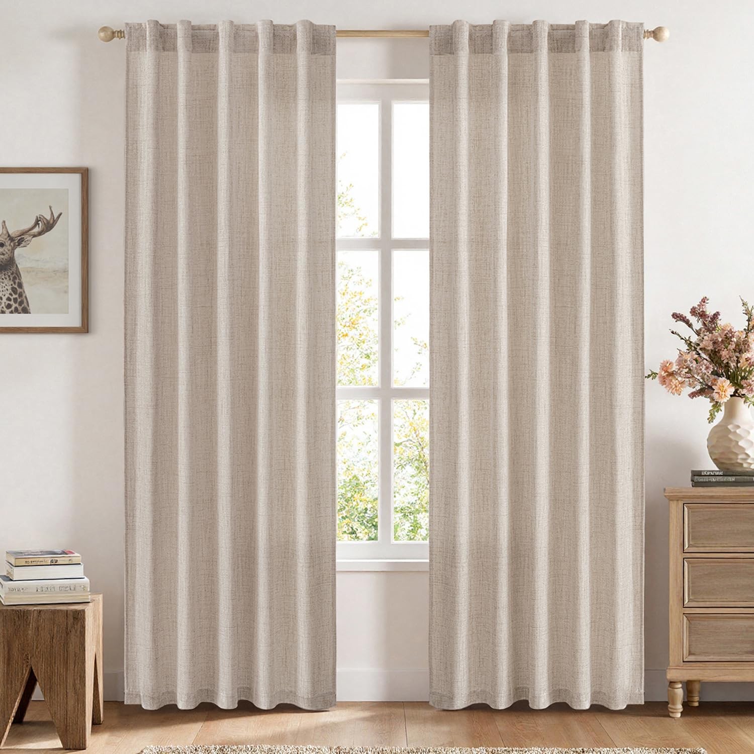 MIULEE Faux Linen Curtains 84 Inch Length 2 Panels Natural Semi Sheer Curtain wi