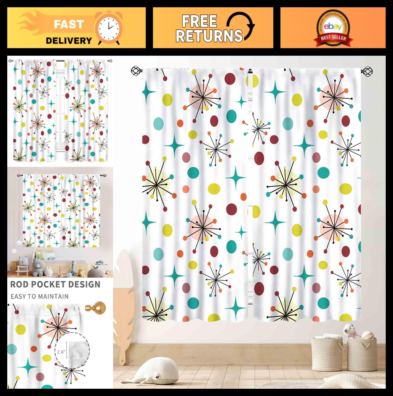 Mid Century Modern Geometric Curtains, Retro 1950s-60s Pastel Drapes, 2 Panels 4