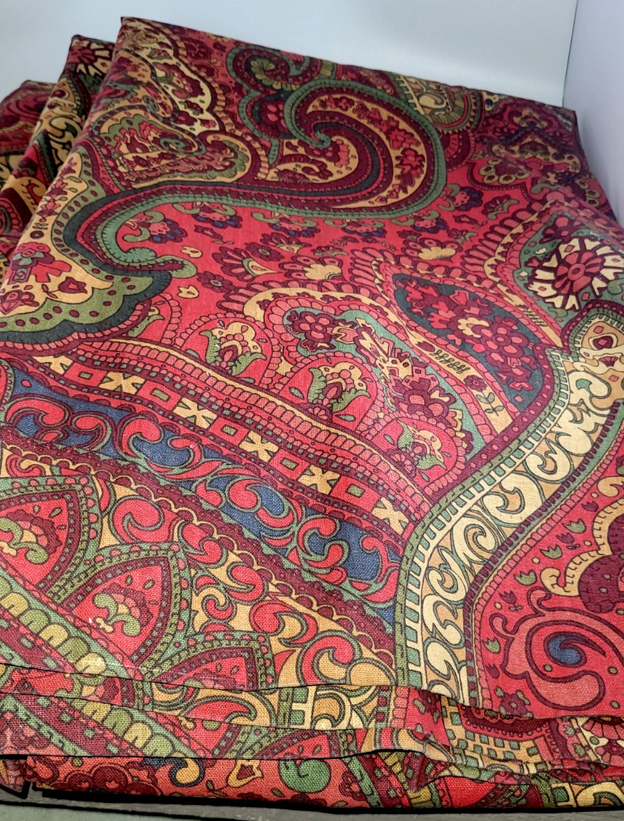 4 POTTERY BARN Panels Curtains Drapes Mira Paisley Red Green Linen Cotton 50×84