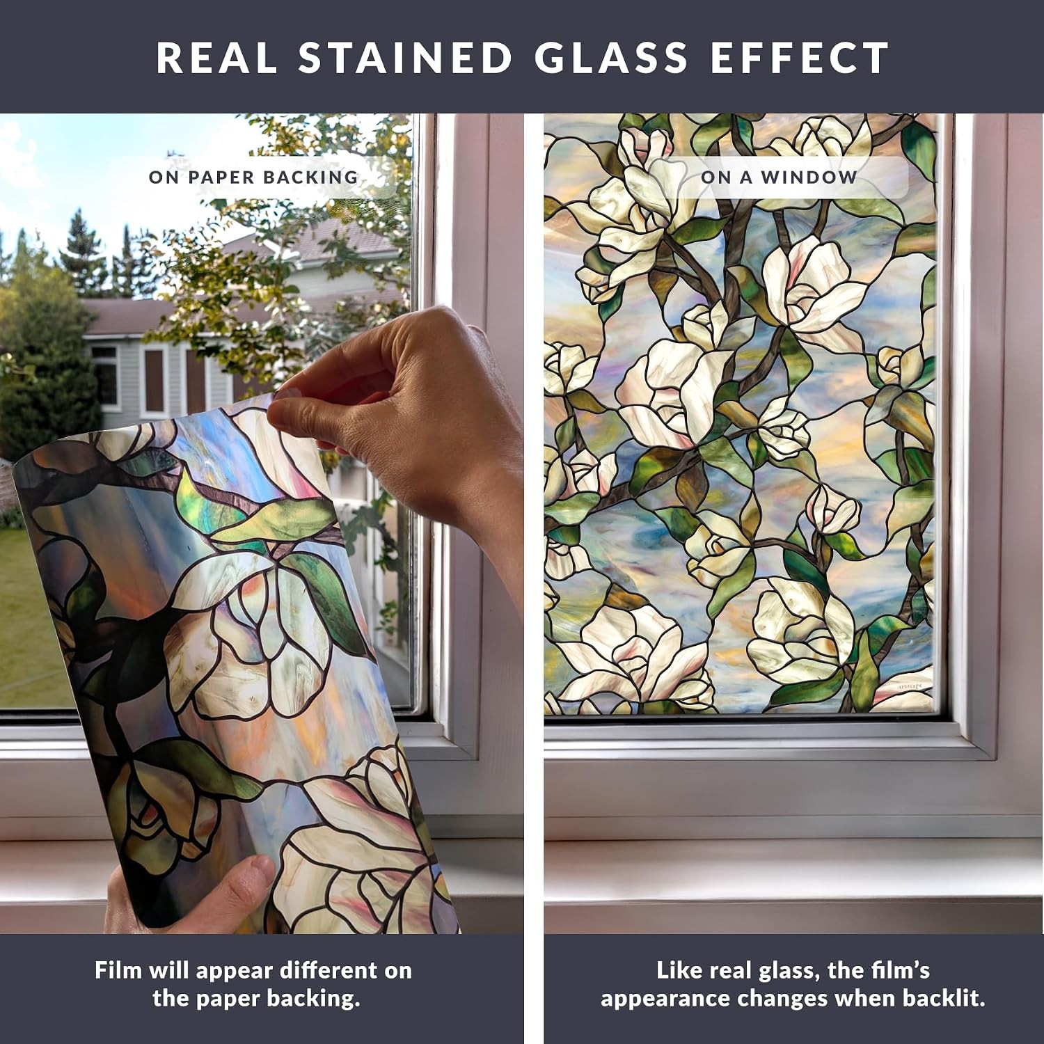 Star Magnolia Privacy Window Film W/ Vibrant Colored Pattern Non-Adhesive & UV