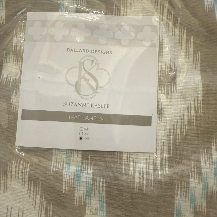 NIB Ballard Designs Suzanne Kasler Ikat Curtain Panel 108in Natural Aqua Linen