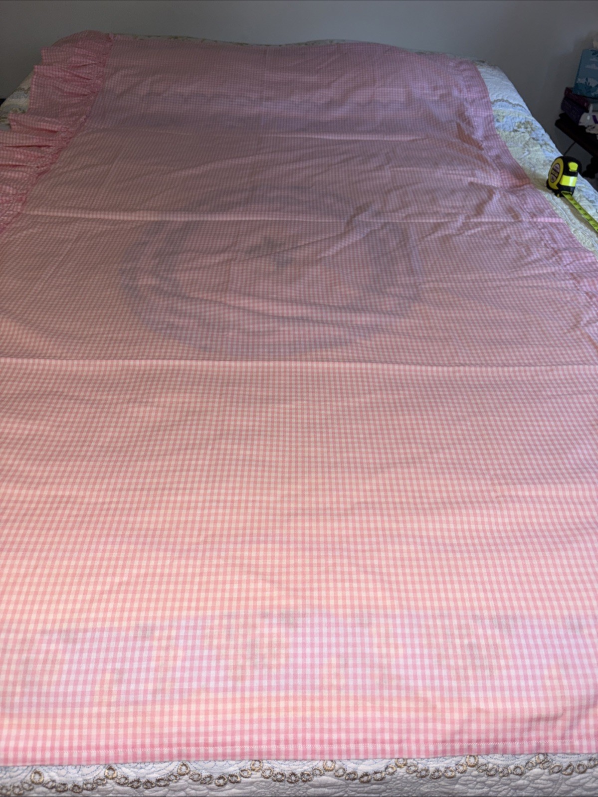 Set Pastel Pink Gingham Checked Curtains, Pretty Ruffle 70×46, Read Description