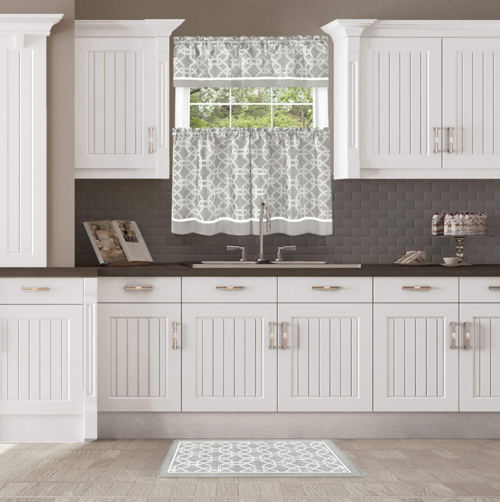 Two Tone Design Tier Panels and Valance Set with Eco Friendly Floor Mat, Grey