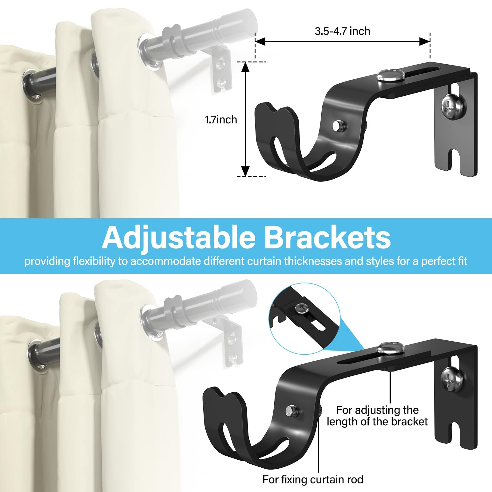 Black Curtain Rods for Windows 30-60″ – 1 inch Modern 30″-68″,