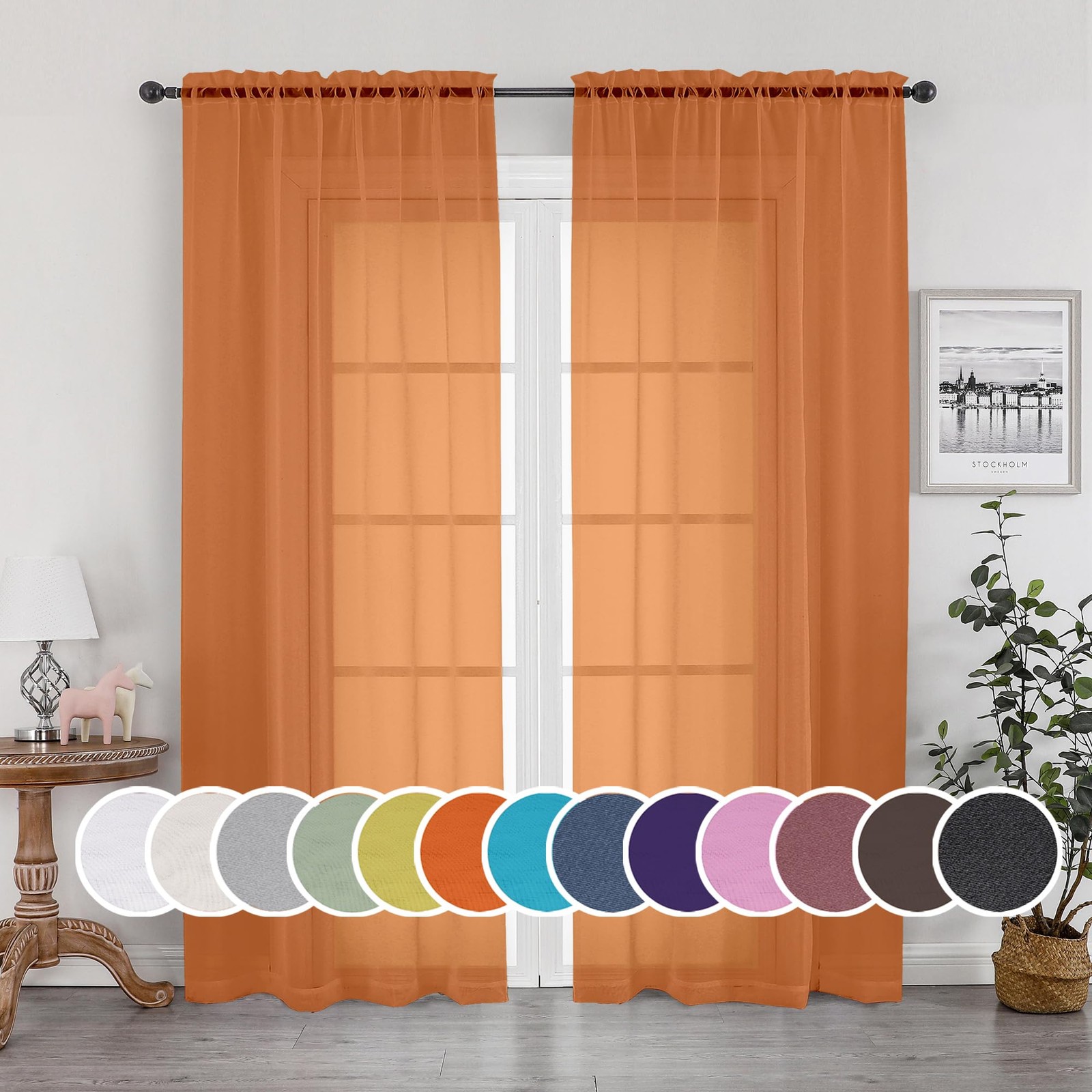 Voile Sheer Curtains 84 Inches, Rod Pocket, 2 Panels Set, Orange, Bedroom