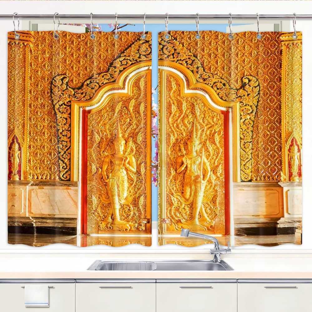 Thai-style Patterns 3D Kitchen Curtains Window Drapes 2 Panel Set with Hooks