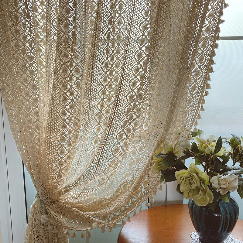 Linen Semi Blackout Curtain 1 Panel Handmade Cotton Burlap Stitching Lace Tassel